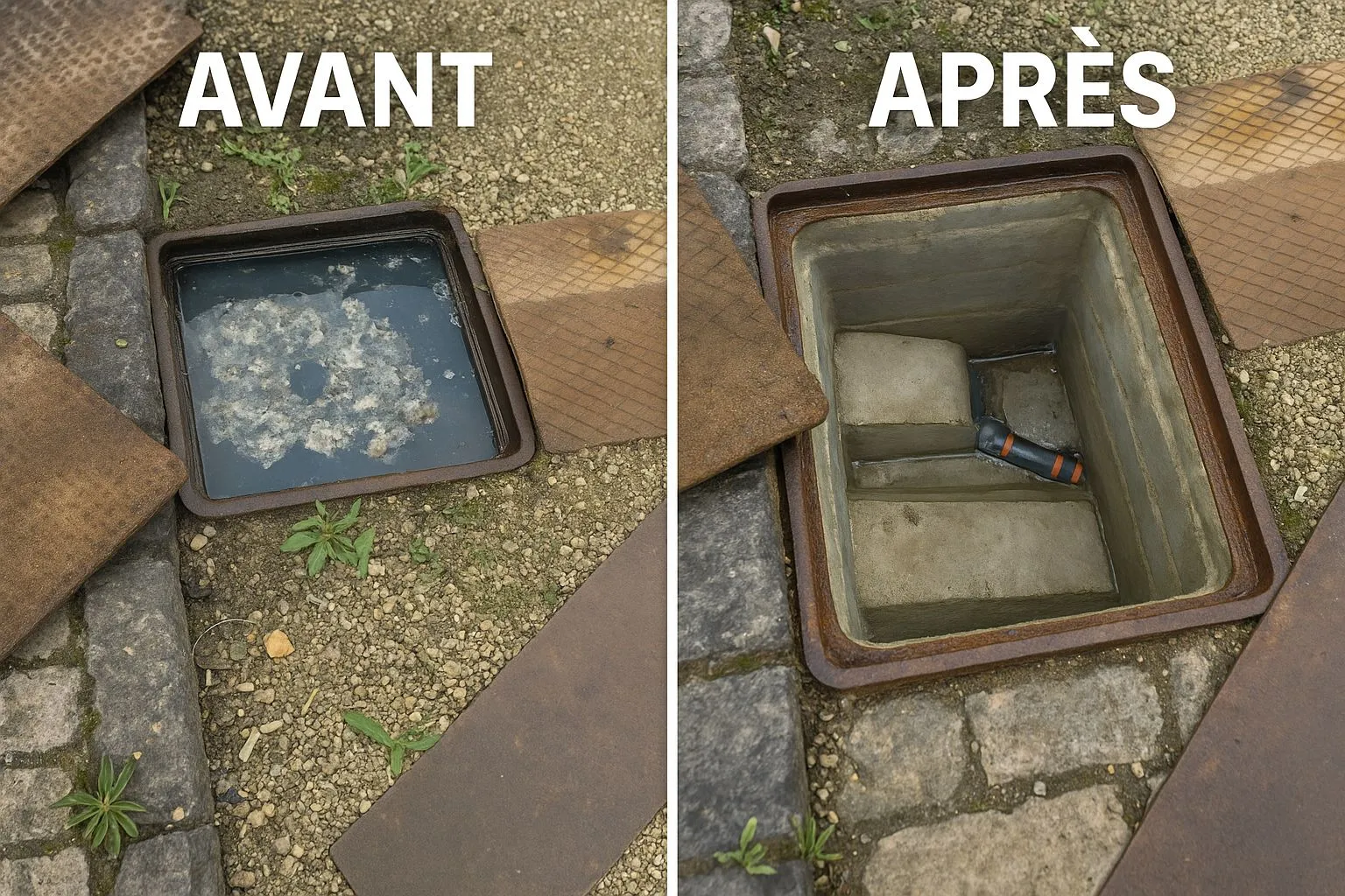 Avant/après débouchage d'un regard par ITR Services