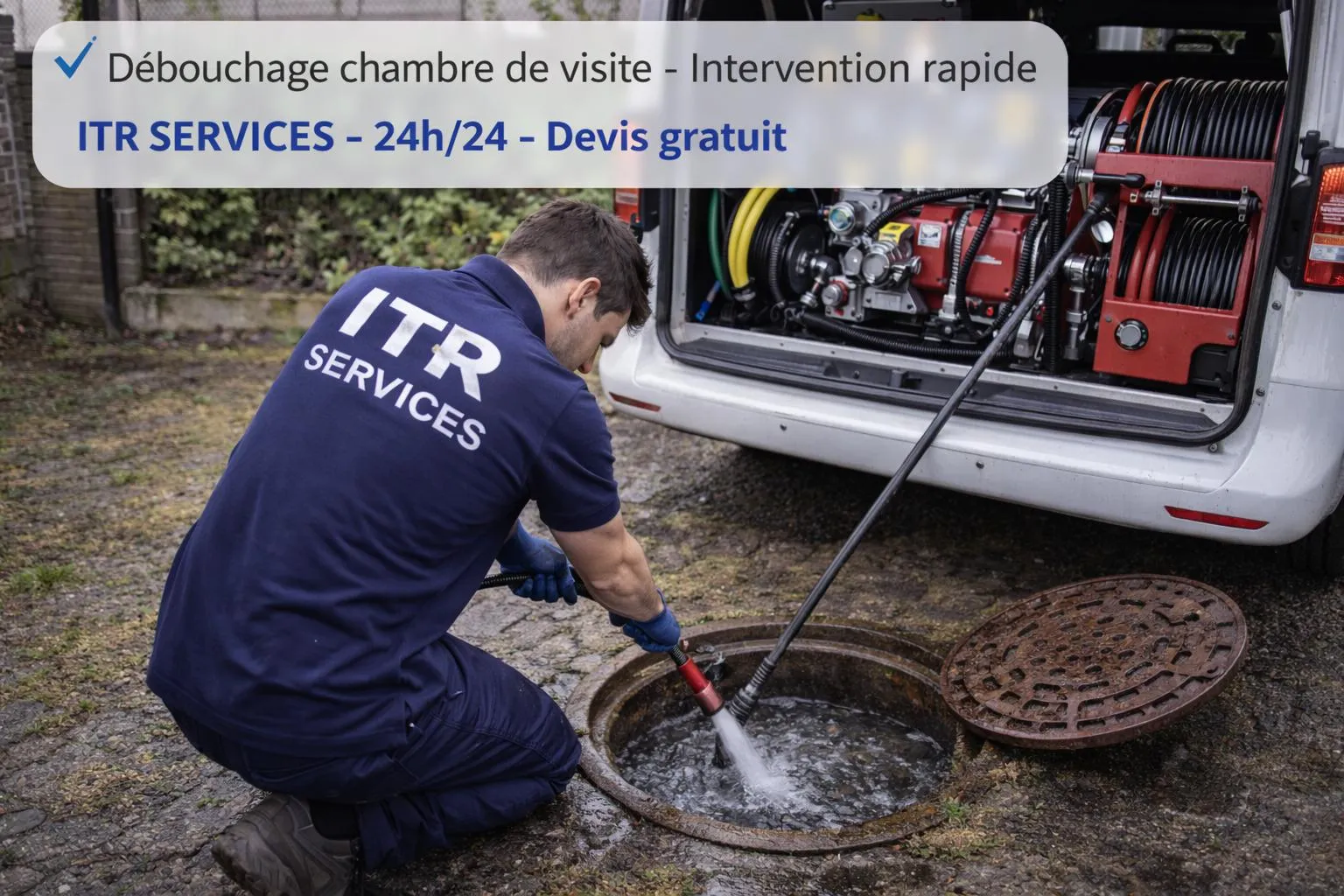 Technicien ITR Services débouchant une chambre de visite avec hydrocurage
