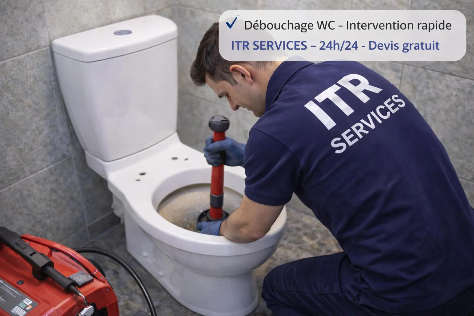 Technicien ITR Services débouchant un WC avec matériel professionnel