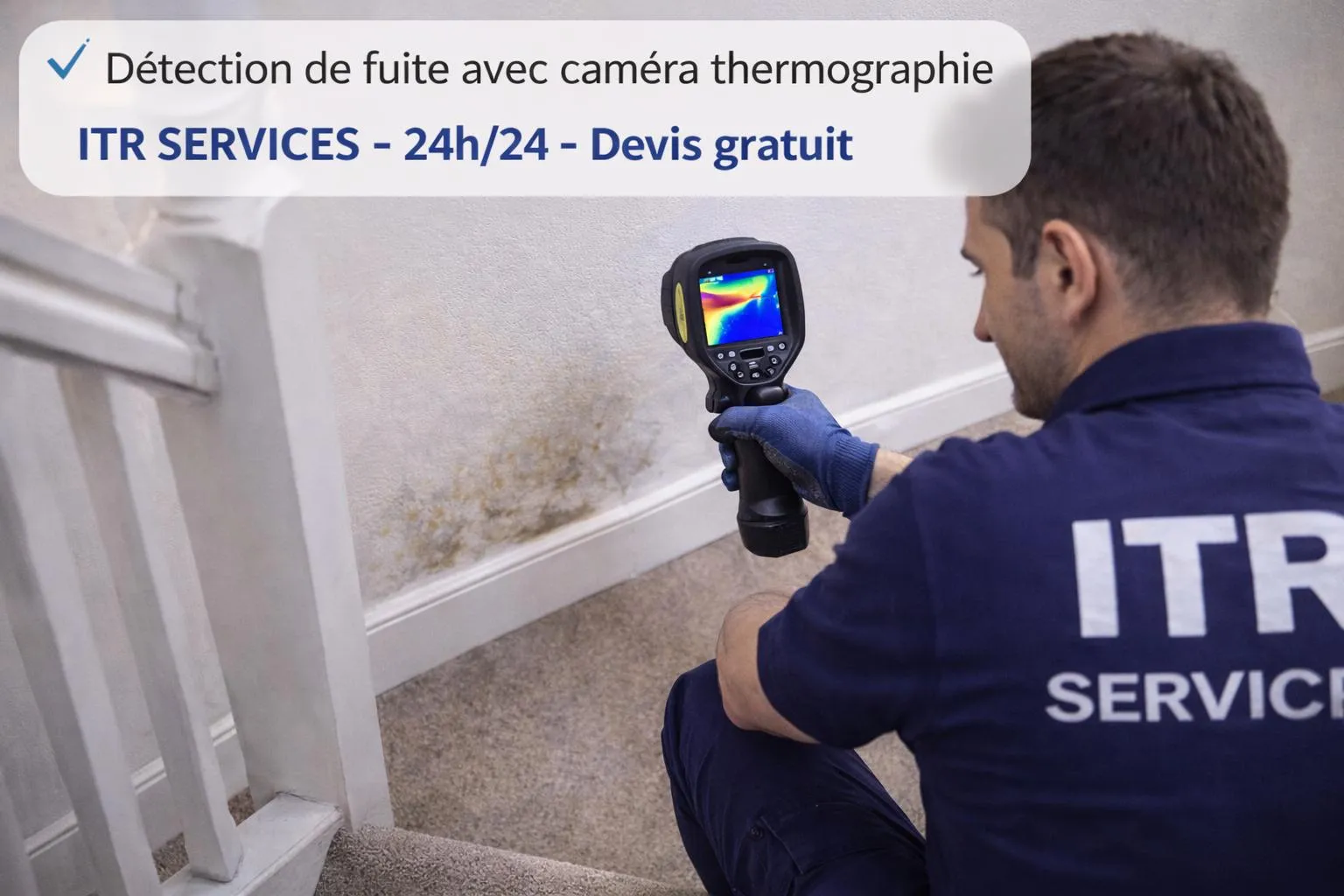 Technicien ITR Services utilisant une caméra thermique pour détecter une fuite