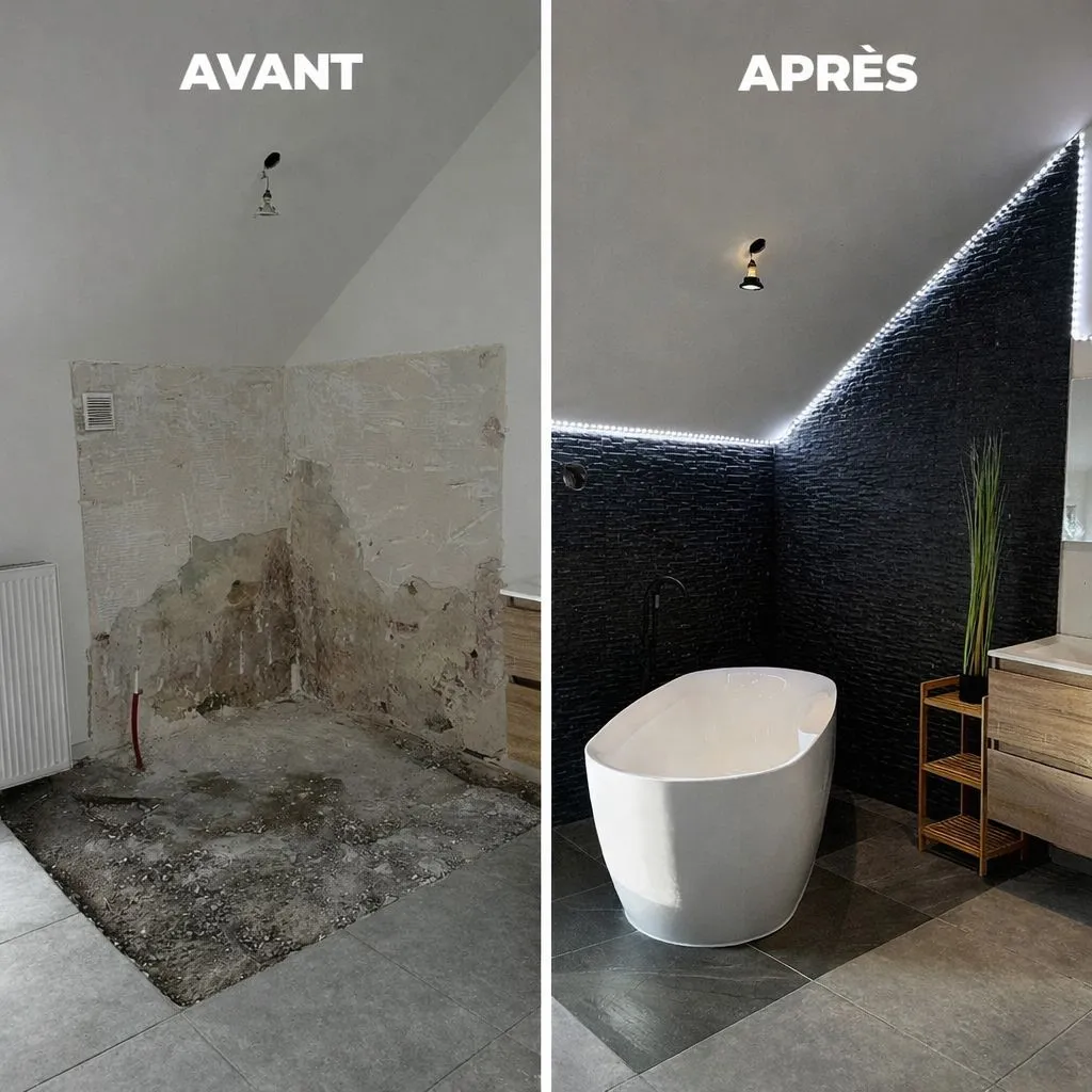 Avant/après rénovation salle de bain luxe avec baignoire îlot par ITR Services