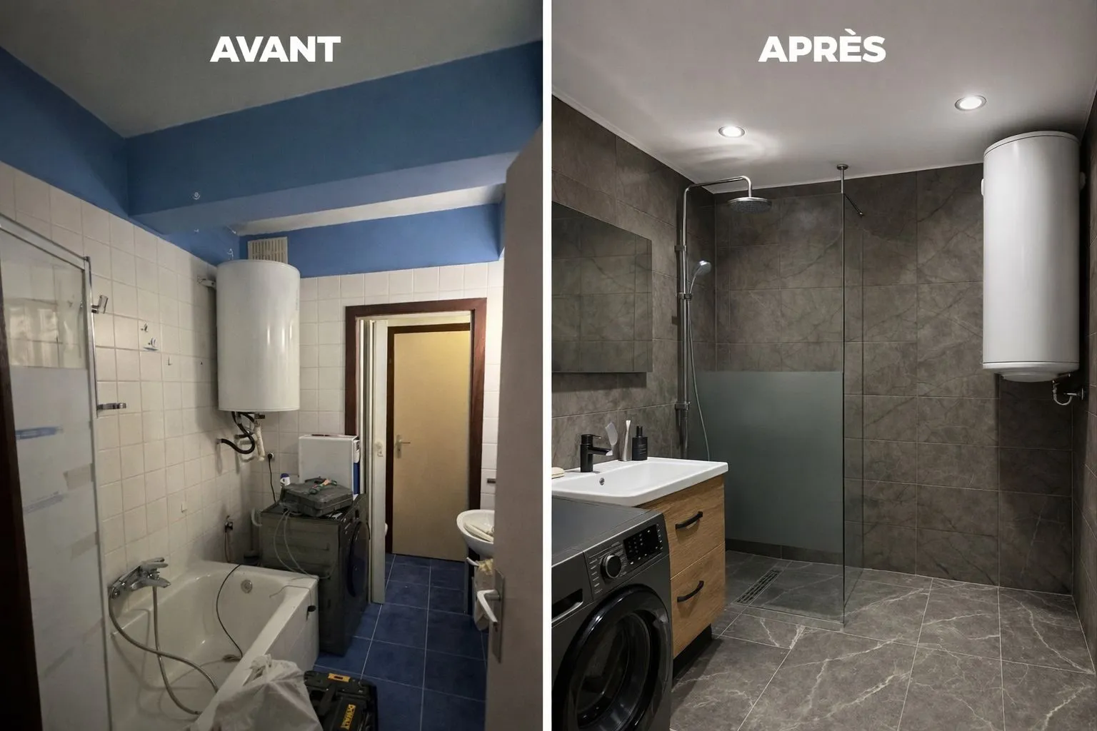 Avant/après rénovation salle de bain avec douche moderne et boiler par ITR Services