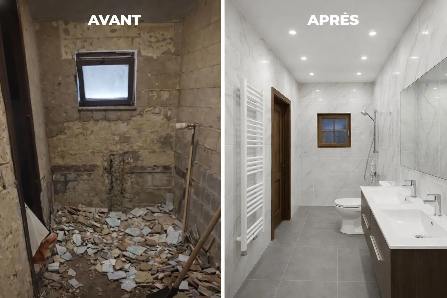 Avant/après rénovation complète salle de bain en marbre blanc par ITR Services