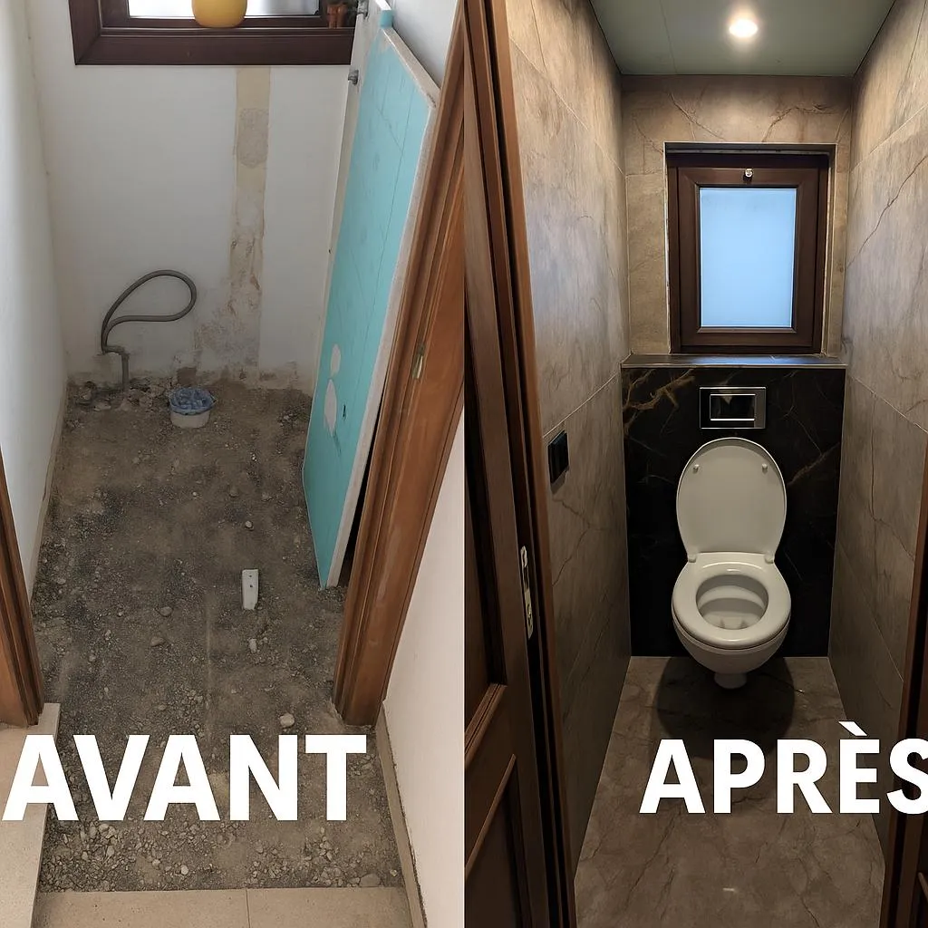 Avant/après rénovation WC avec carrelage marbre par ITR Services