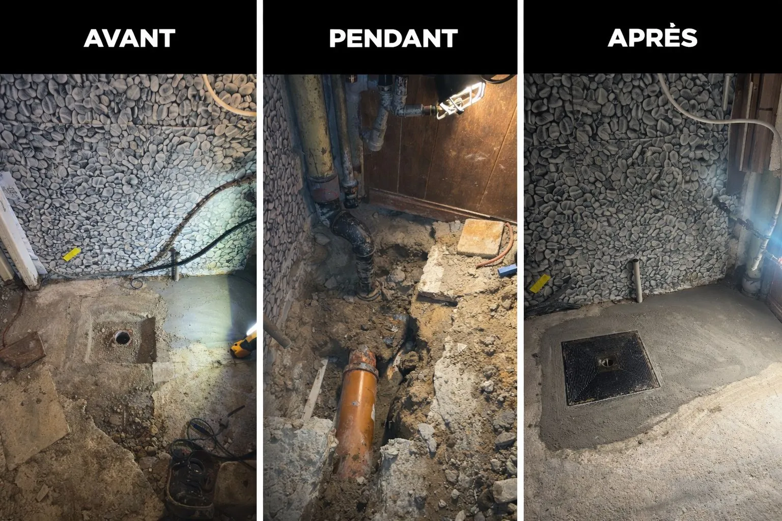Avant/après réparation de canalisation en cave par ITR Services