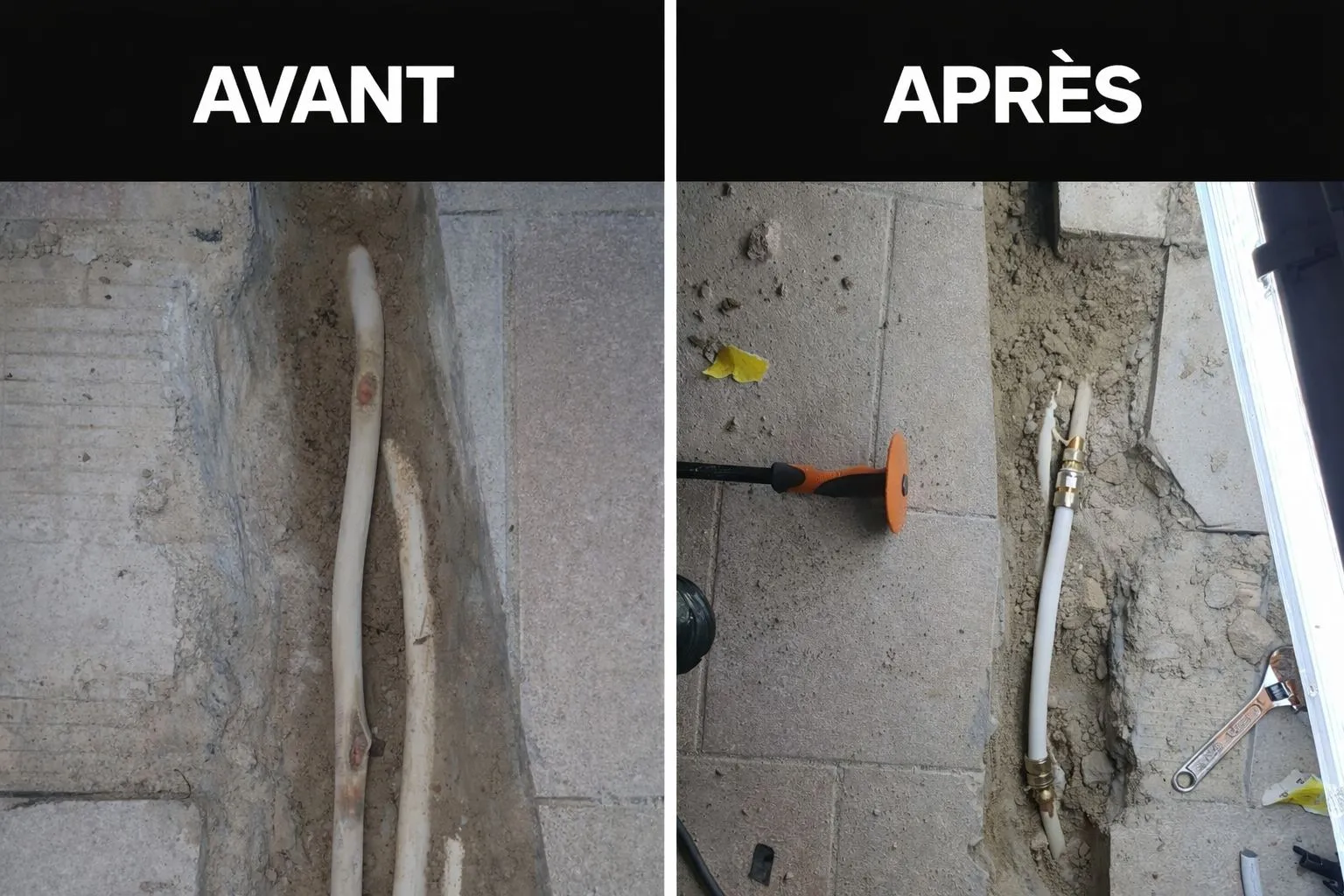 Avant/après réparation de tuyau encastré par ITR Services